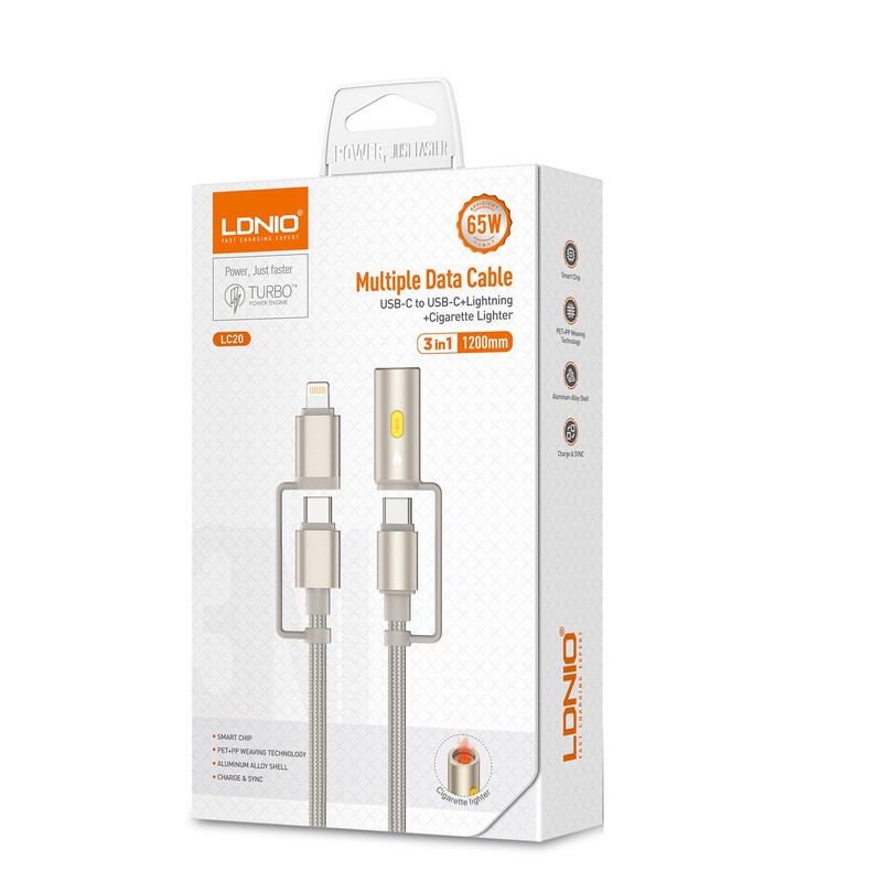 لادنيو داتا كابل تايب سي - تو - تايب سي + لايتينج + ولاعه سجائر -LDNIO Multiple Data CABLE TYPE-C TO TYPE-C + Lightning + Cigarette Lighter (65W) 3 in 1- LC20 1200MM