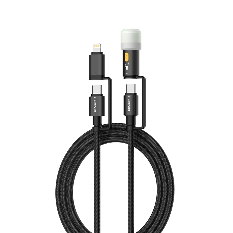 لادنيو داتا كابل تايب سي - تو - تايب سي + لايتينج + بورتبول ليد لايتنج -LDNIO Multiple Data CABLE TYPE-C TO TYPE-C + Lightning + Portable LED Lighting (65W) 3 in 1- LC19 1200MM
