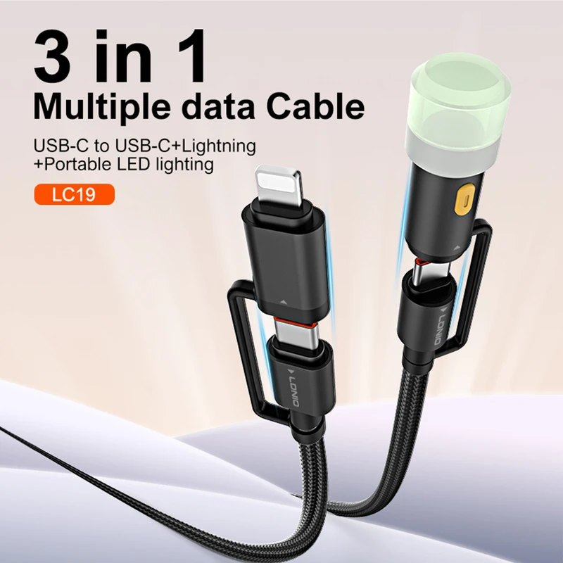 لادنيو داتا كابل تايب سي - تو - تايب سي + لايتينج + بورتبول ليد لايتنج -LDNIO Multiple Data CABLE TYPE-C TO TYPE-C + Lightning + Portable LED Lighting (65W) 3 in 1- LC19 1200MM