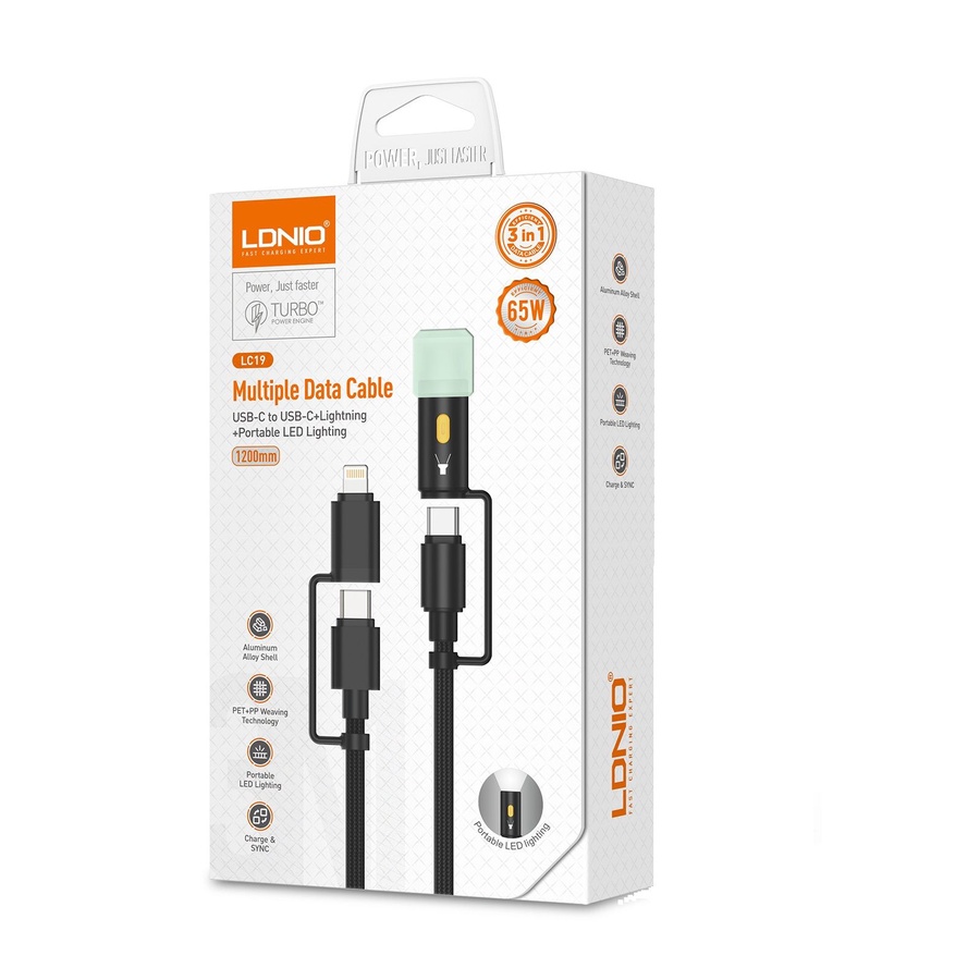 لادنيو داتا كابل تايب سي - تو - تايب سي + لايتينج + بورتبول ليد لايتنج -LDNIO Multiple Data CABLE TYPE-C TO TYPE-C + Lightning + Portable LED Lighting (65W) 3 in 1- LC19 1200MM