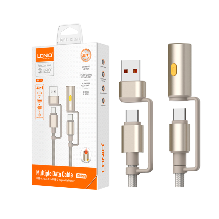 لادنيو داتا كابل يو إس بي - إيه + تايب سي  - تو - تايب سي  + ولاعه سجائر-LDNIO Multiple Data CABLE USB -A +TYPE-C to Type-C + Cigarette Lighter (65W) 4 in 1- LC18 1200MM