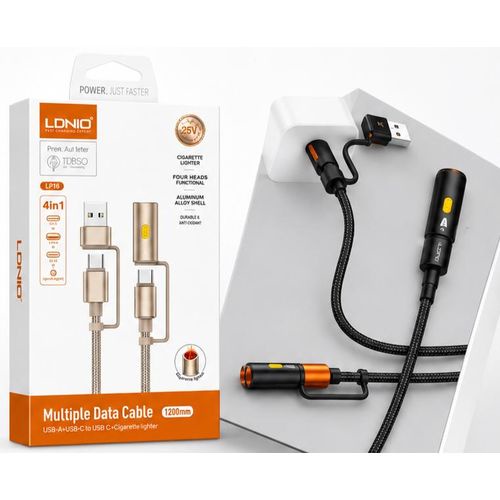 لادنيو داتا كابل يو إس بي - إيه + تايب سي  - تو - تايب سي  + ولاعه سجائر-LDNIO Multiple Data CABLE USB -A +TYPE-C to Type-C + Cigarette Lighter (65W) 4 in 1- LC18 1200MM