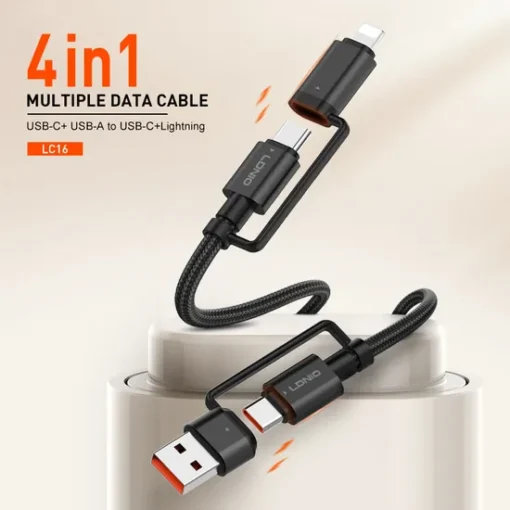 لادنيو داتا كابل تايب سي +يو إس بي -إيه - تو - تايب سي + لايتنيج - LDNIO Multiple Data CABLE TYPE-C+ USB -A to Type-C + Lightning (65W) 4in1- LC16-1200MM