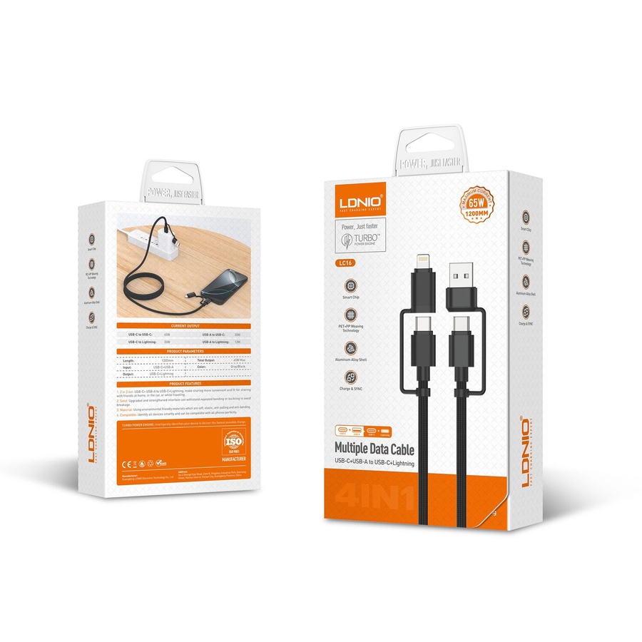 لادنيو داتا كابل تايب سي +يو إس بي -إيه - تو - تايب سي + لايتنيج - LDNIO Multiple Data CABLE TYPE-C+ USB -A to Type-C + Lightning (65W) 4in1- LC16-1200MM