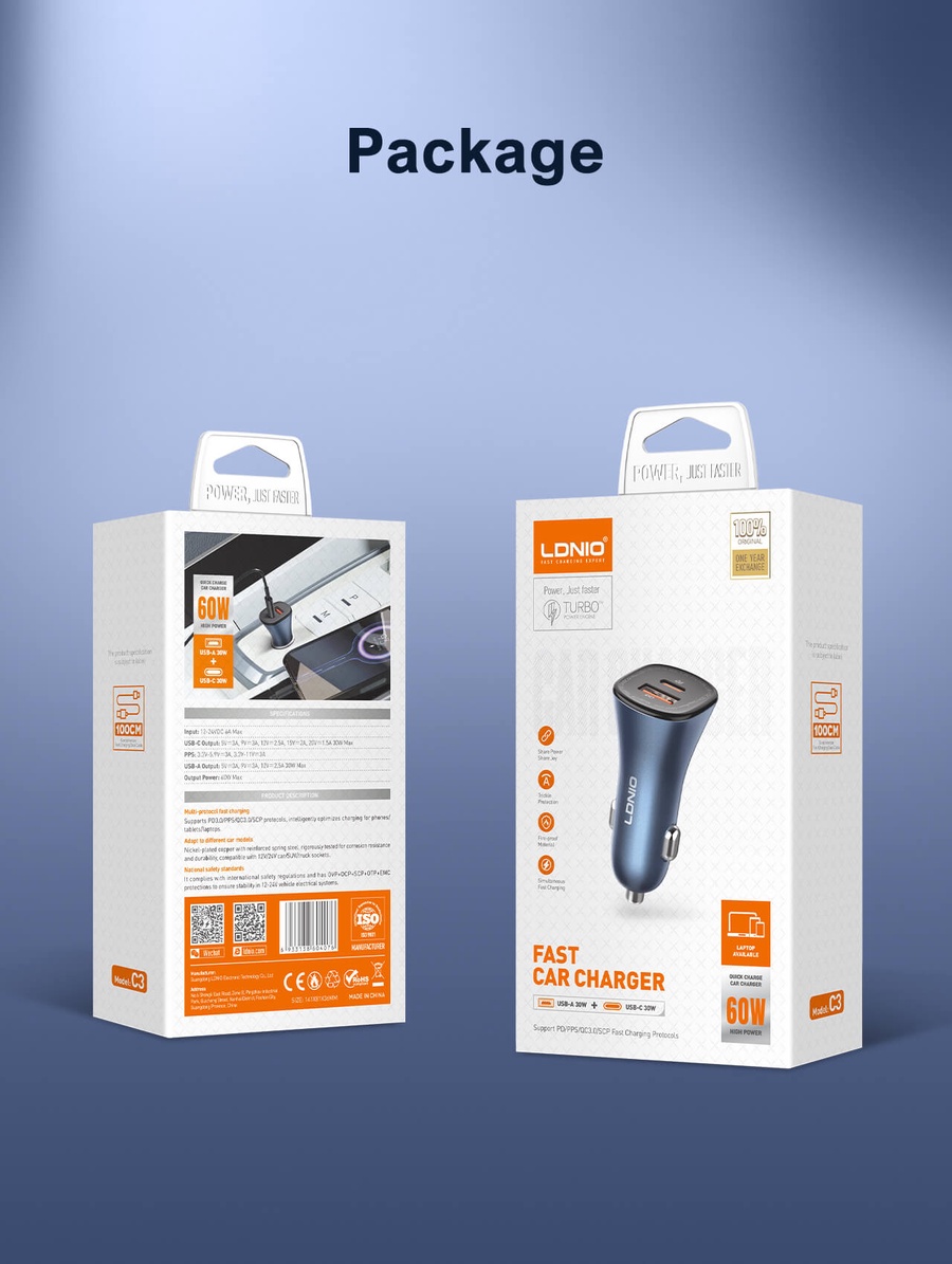 لادنيو فاست كار تشارجر - يو إس بي -إيه + تايب سي 60 وات-LDNIO Fast Car Charger USB -A+ TYPE-C (60W)- (100CM) Model:C3