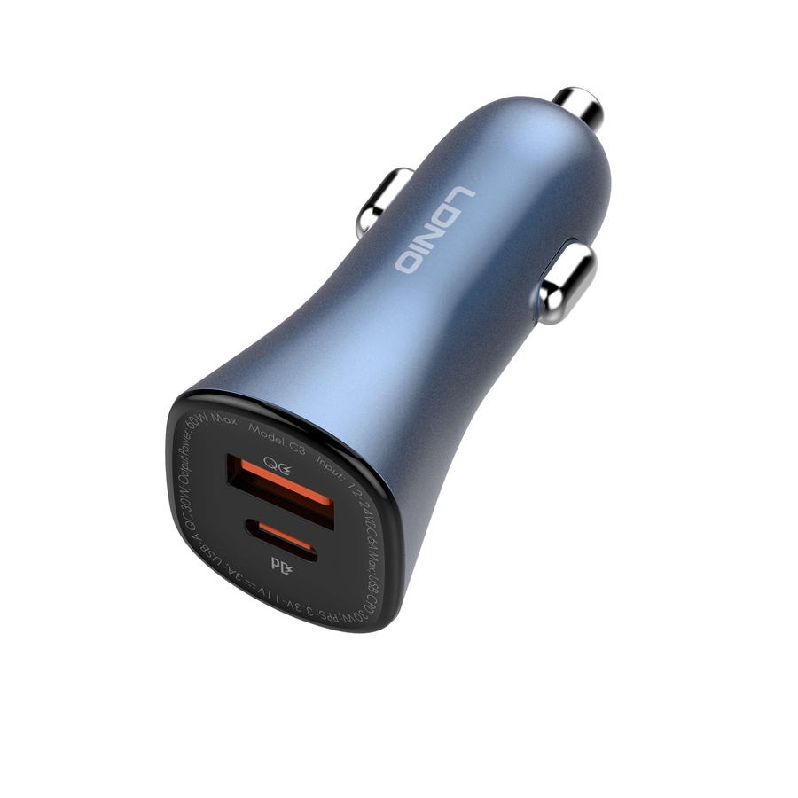 لادنيو فاست كار تشارجر - يو إس بي -إيه + تايب سي 60 وات-LDNIO Fast Car Charger USB -A+ TYPE-C (60W)- (100CM) Model:C3