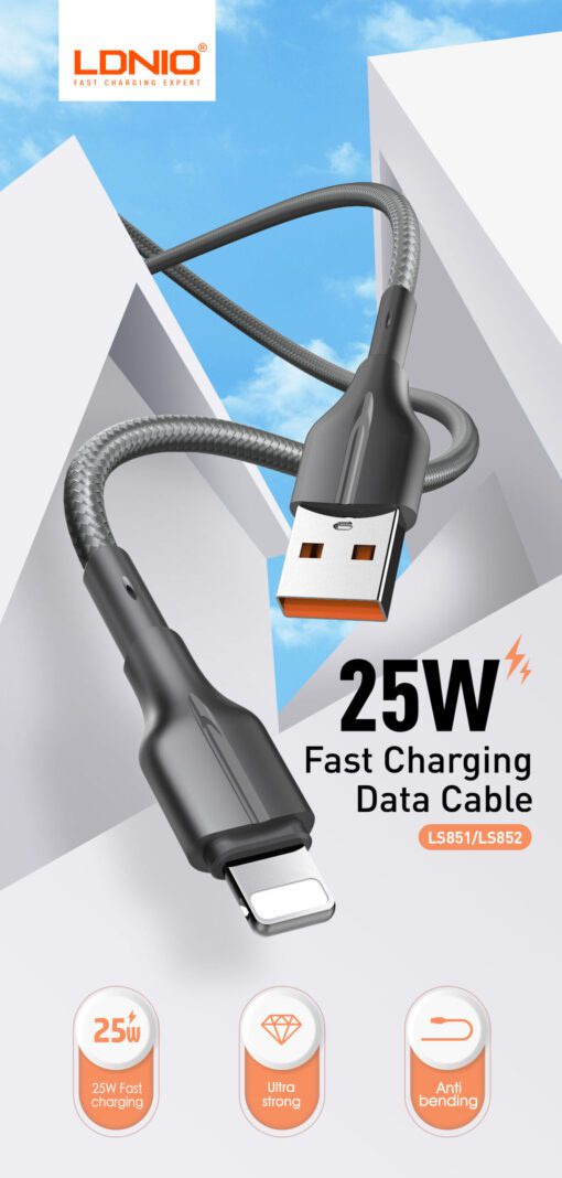 لادنيو فاست تشارجر داتا كابل - لايتينج 25وات -LDNIO Fast Charging Data Cable Lightning & Sync (25W) (1000mm)- LS851 