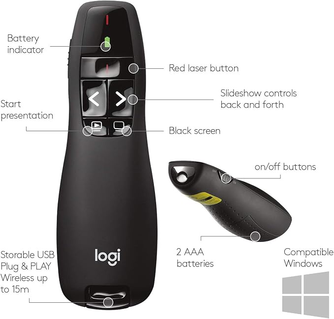 R400 Wireless Presentation Remote with Laser Pointer, Portable Handheld Presenter with Receiver, Comfortable Design, Black