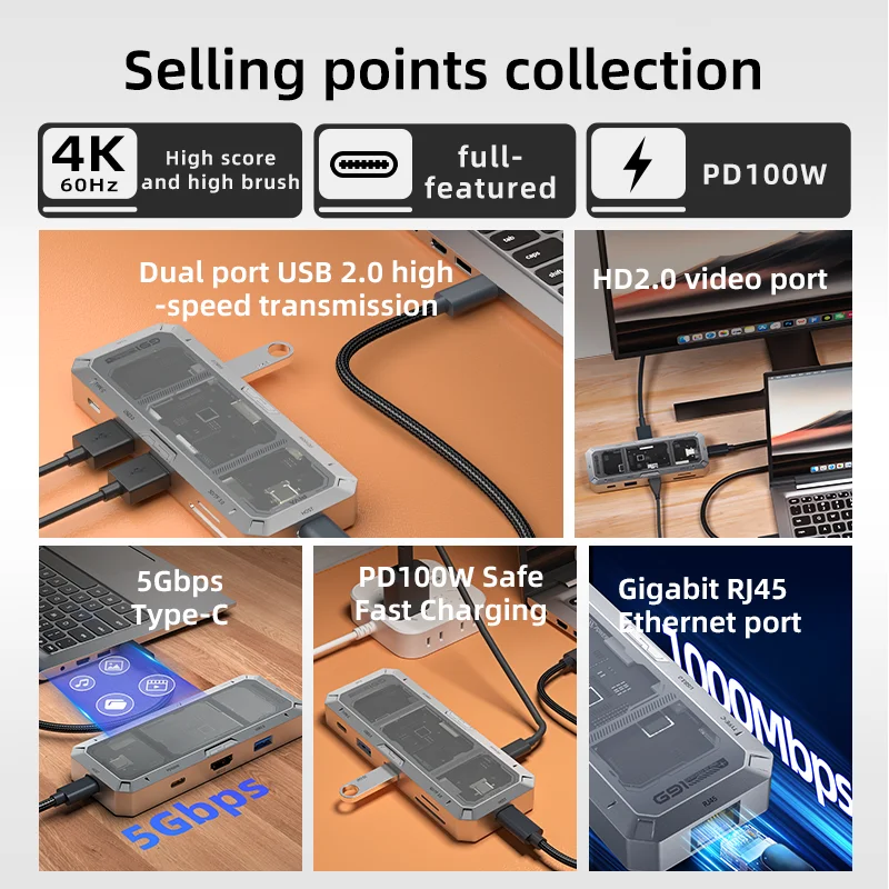 PIVA G91 9 in 1 Multifunction Office Docking Station USB-C HUBS Multiport Adapter PD100W 4K60Hz USB3.0 SD TF