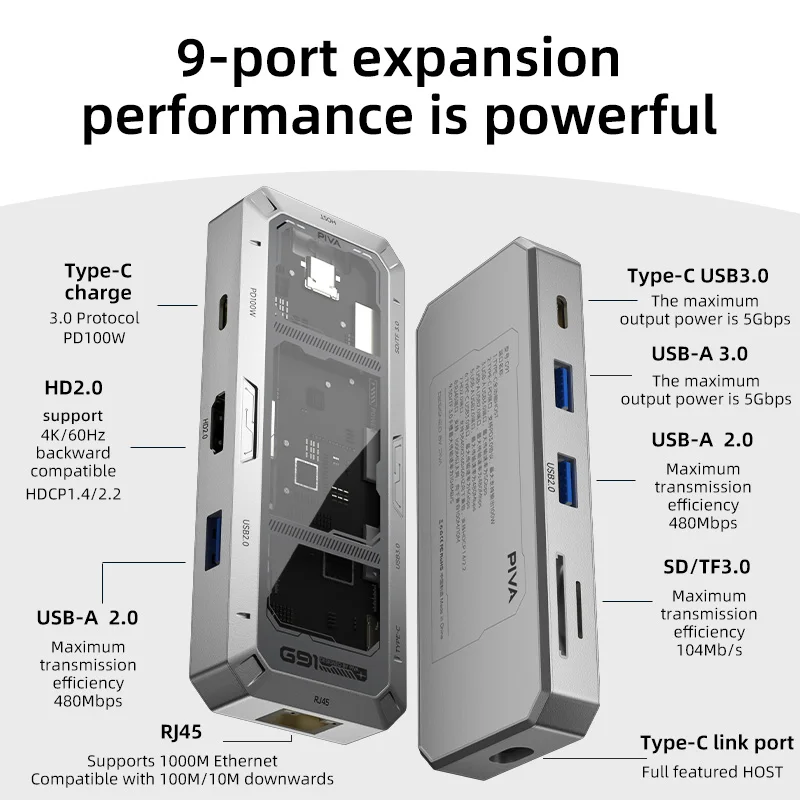 PIVA G91 9 in 1 Multifunction Office Docking Station USB-C HUBS Multiport Adapter PD100W 4K60Hz USB3.0 SD TF