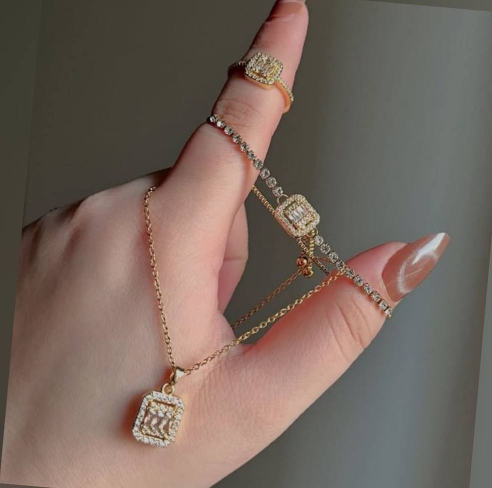 Gold Baguette Zircon Jewelry Set