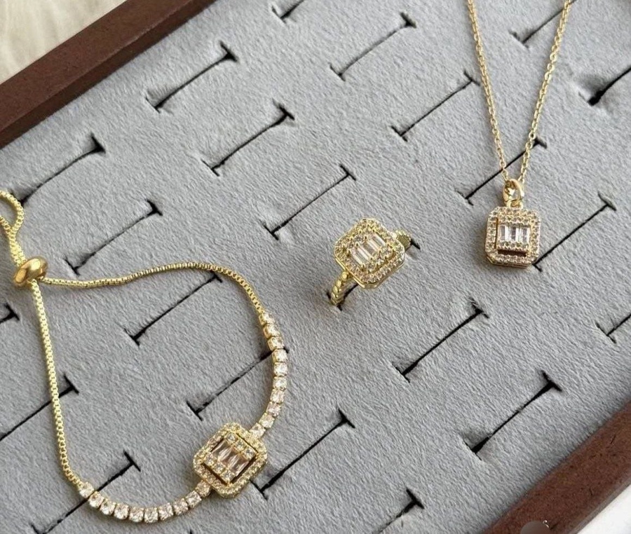 Gold Baguette Zircon Jewelry Set