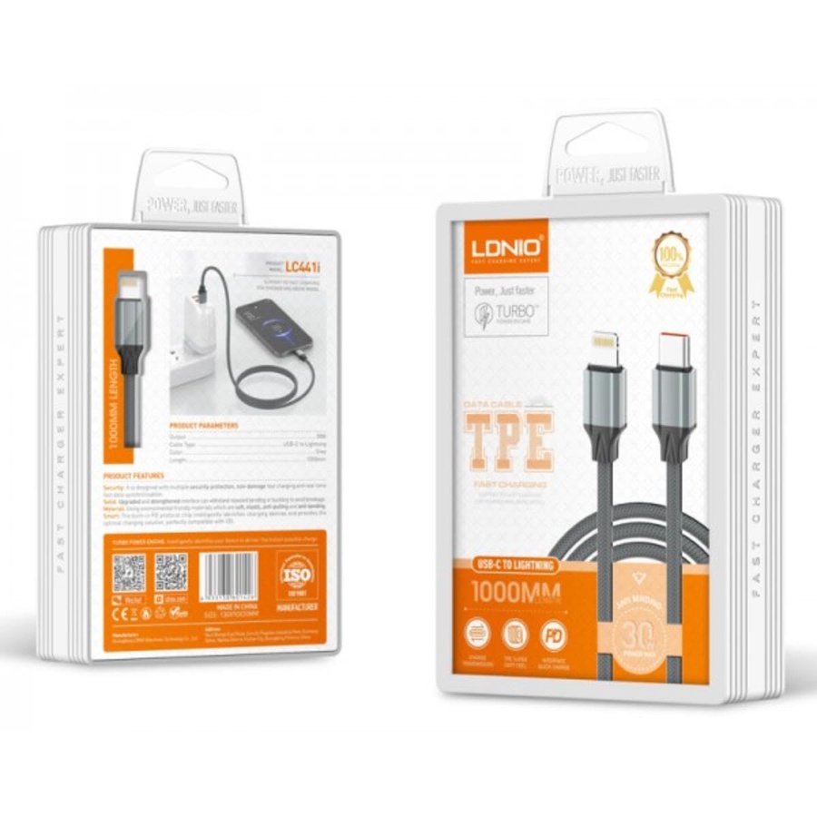 لادنيو فاست تشارجر داتا كابل تايب - سي - تو - لايتينج 30 وات -LDNIO Fast Charging Data Cable Type-C to Lightning (30W) (1000mm)- Model:LC441i 