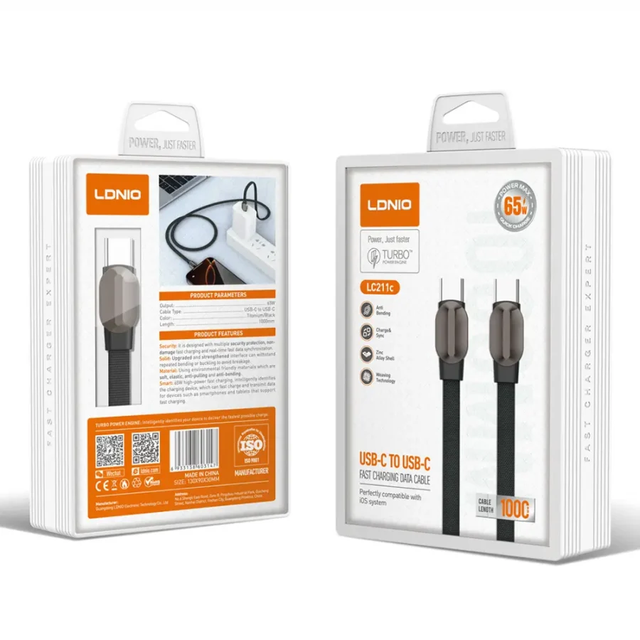 لادنيو فاست تشارجر داتا كابل تايب -سي - تو - تايب - سي 60وات -LDNIO Fast Charging Data Cable Type-C to Type-C (65W) (1000mm)- Model:LC211C 