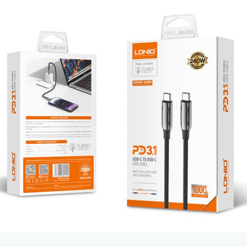 لادنيو فاست تشارجر داتا كابل تايب - سي - تو - تايب سي 1متر 240وات -LDNIO Fast Charging Data Cable Type-C to Type-C (240W) (1000mm) LC921C 