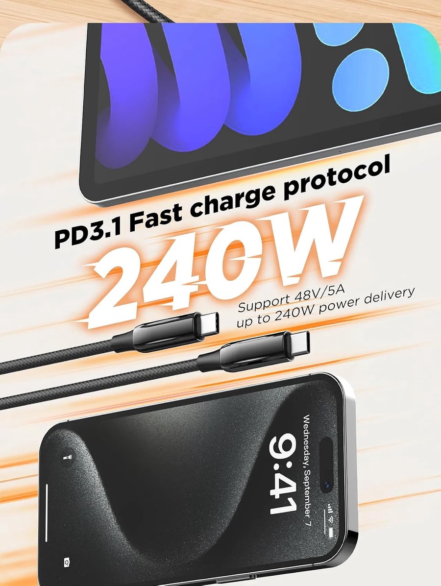لادنيو فاست تشارجر داتا كابل تايب - سي - تو - تايب سي 1متر 240وات -LDNIO Fast Charging Data Cable Type-C to Type-C (240W) (1000mm) LC921C 