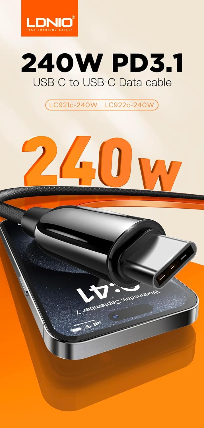 لادنيو فاست تشارجر داتا كابل تايب - سي - تو - تايب سي 1متر 240وات -LDNIO Fast Charging Data Cable Type-C to Type-C (240W) (1000mm) LC921C 