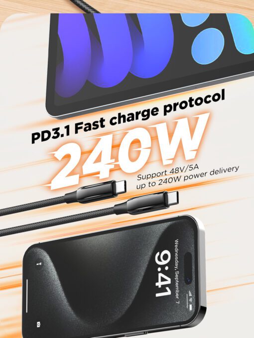 لادنيو فاست تشارجر داتا كابل تايب - سي - تو - تايب سي 2متر- 240 وات -LDNIO Fast Charging Data Cable Type-C to Type-C (240W) (2000mm) LC922C 