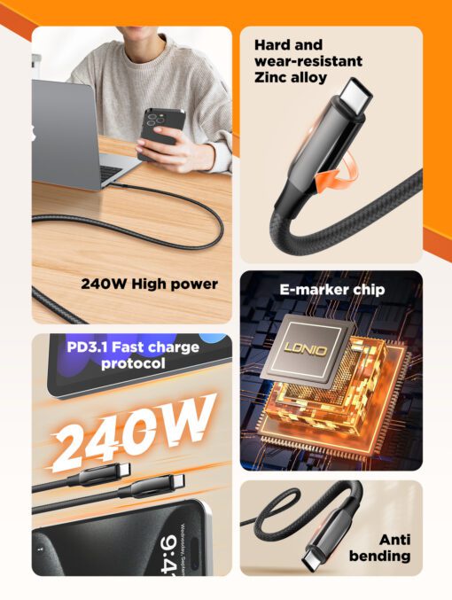 لادنيو فاست تشارجر داتا كابل تايب - سي - تو - تايب سي 2متر- 240 وات -LDNIO Fast Charging Data Cable Type-C to Type-C (240W) (2000mm) LC922C 