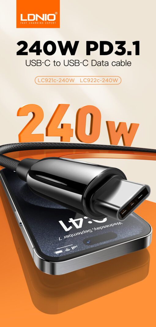 لادنيو فاست تشارجر داتا كابل تايب - سي - تو - تايب سي 2متر- 240 وات -LDNIO Fast Charging Data Cable Type-C to Type-C (240W) (2000mm) LC922C 