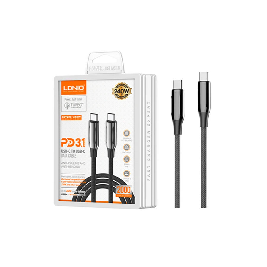 لادنيو فاست تشارجر داتا كابل تايب - سي - تو - تايب سي 2متر- 240 وات -LDNIO Fast Charging Data Cable Type-C to Type-C (240W) (2000mm) LC922C 