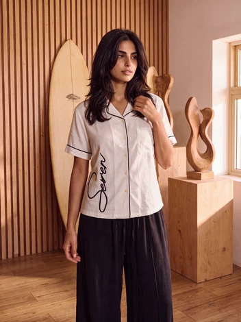 White Linen Shirt Black Trim