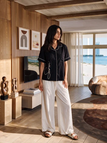 Black Linen Shirt White Trim