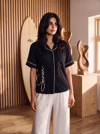 Black Linen Shirt White Trim