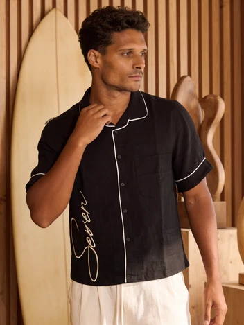 Black Linen Shirt White Trim