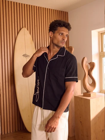 Black Linen Shirt White Trim