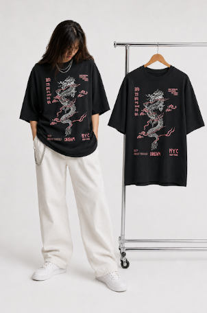 تيشيرت بوليفار جرافيك تنين ثقيل Oversized فاخر Unisex