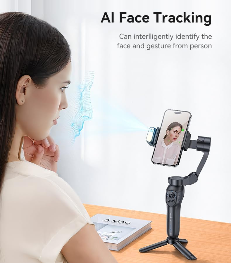 Yesido 3-Axis Gimbal Stabilizer, SF21 Face Tracking With Camera Powerful Battery Built-in Extra Fill Light - Black