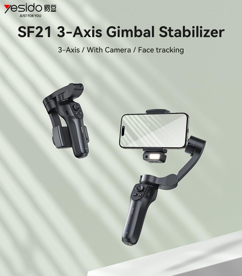 Yesido 3-Axis Gimbal Stabilizer, SF21 Face Tracking With Camera Powerful Battery Built-in Extra Fill Light - Black