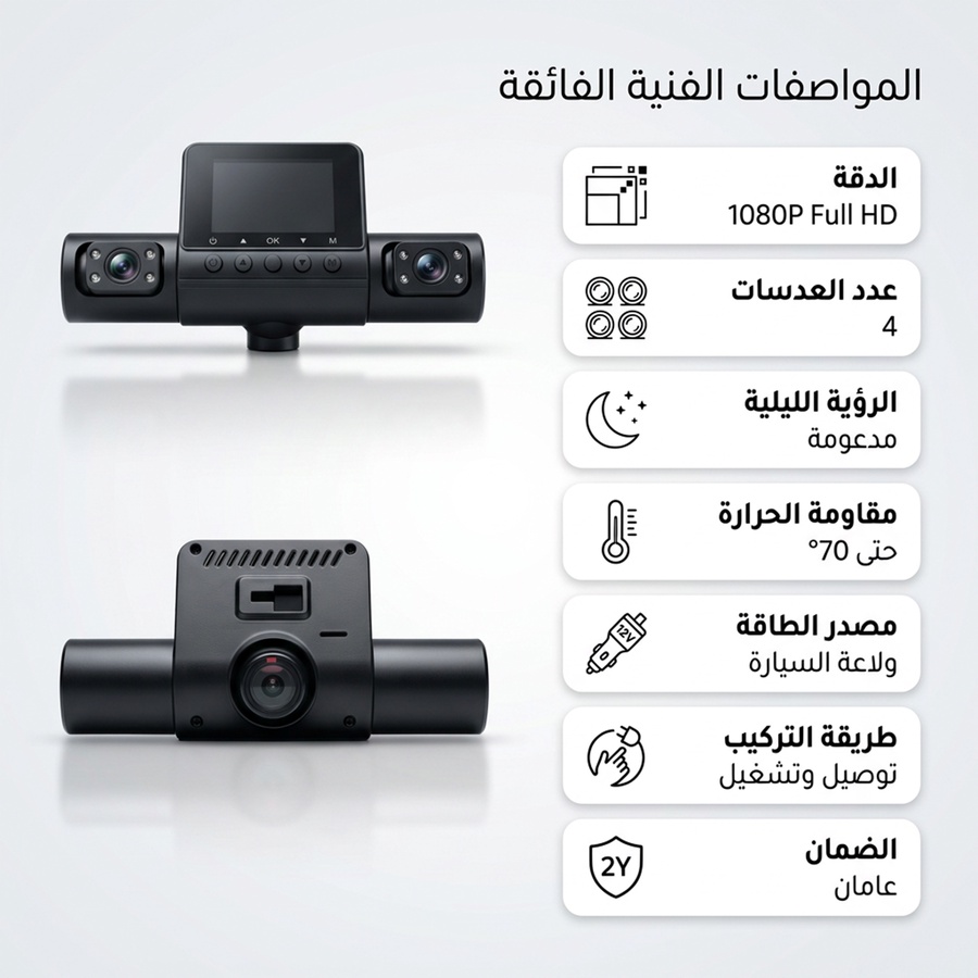 داش كام 4 عدسات للسيارة بدقة 1080P سهلة التركيب تتصل بولاعة السيارة - مقاومة للحرارة حتى 70 درجة مع رؤية ليلية بضمان عامين