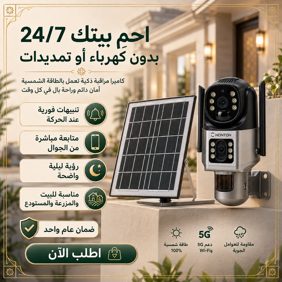كاميرا HONTON الشمسية اللاسلكية المزدوجة — راقب بيتك 24/7 بدون كهرباء أو تمديدات