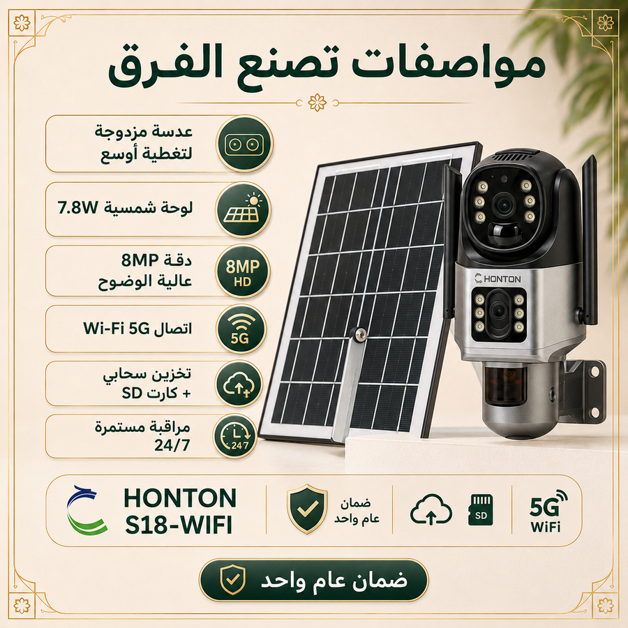 كاميرا HONTON الشمسية اللاسلكية المزدوجة — راقب بيتك 24/7 بدون كهرباء أو تمديدات