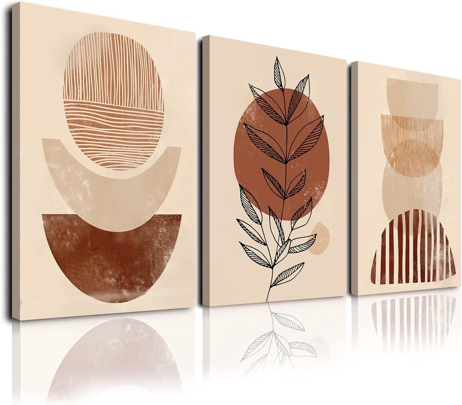 Canvas Print Wall Art Bohemian Mid-Century Semi Circle Pictures Boho Plant Abstract Artwork 12x16 inch 3 Panels for Kitchen