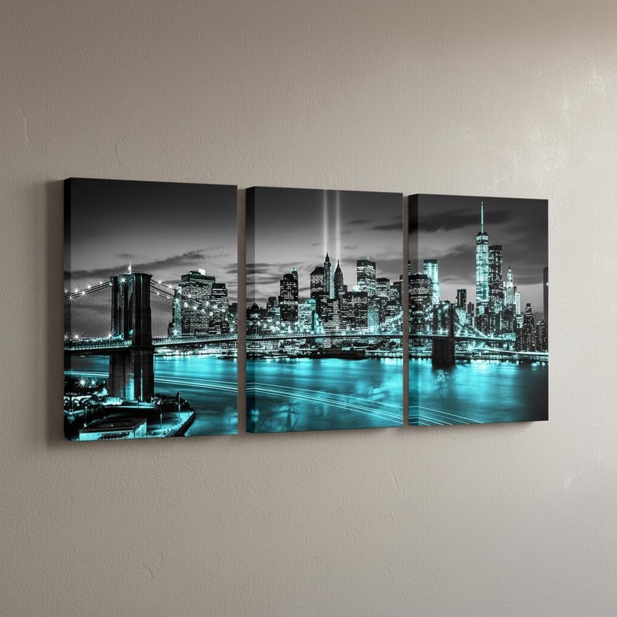 Conipit New York Brooklyn Bridge Canvas Wall Art Black and White City Pictures Teal Skyline Artwork Modern Night View Painting for Home Living Room Bedroom Office Decor 12x16 Inch (Teal, Small)