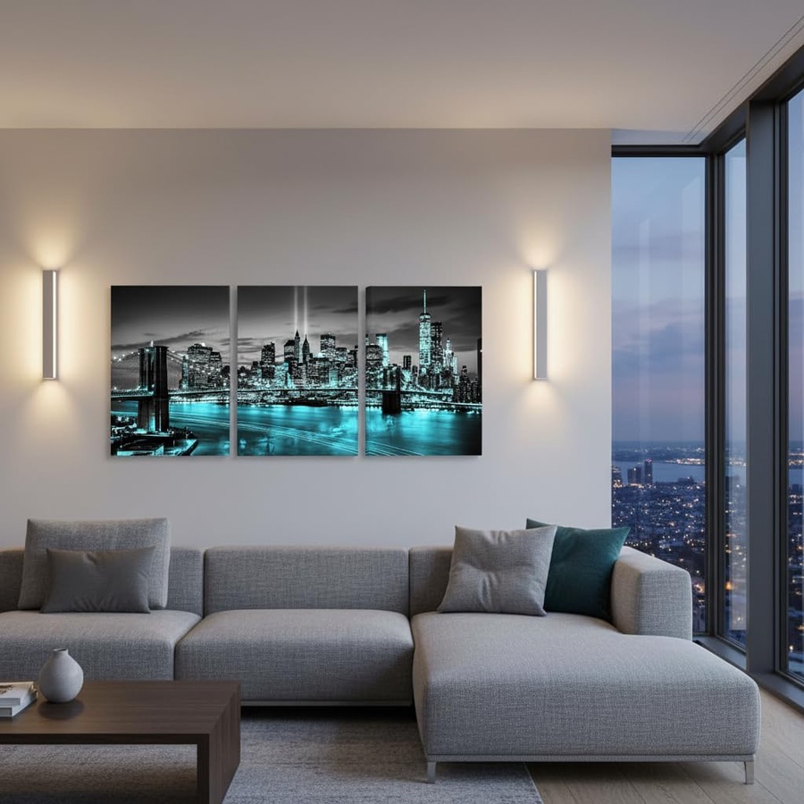 Conipit New York Brooklyn Bridge Canvas Wall Art Black and White City Pictures Teal Skyline Artwork Modern Night View Painting for Home Living Room Bedroom Office Decor 12x16 Inch (Teal, Small)
