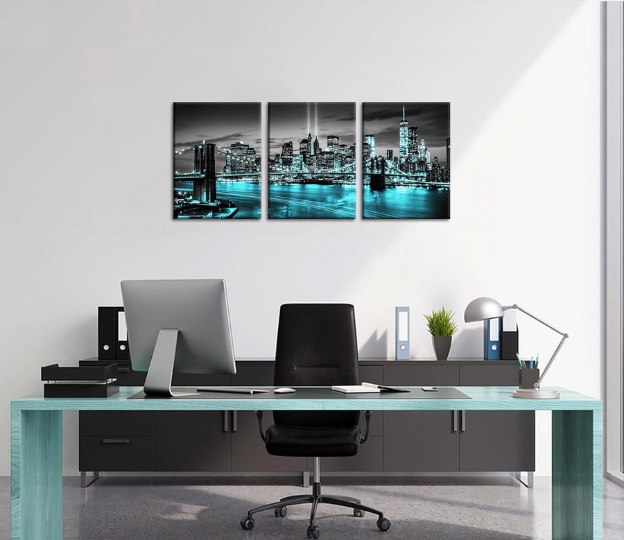 Conipit New York Brooklyn Bridge Canvas Wall Art Black and White City Pictures Teal Skyline Artwork Modern Night View Painting for Home Living Room Bedroom Office Decor 12x16 Inch (Teal, Small)