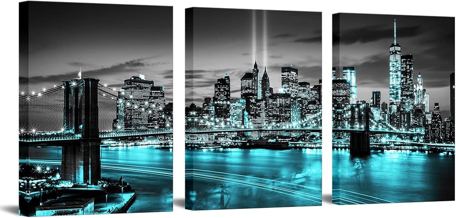 Conipit New York Brooklyn Bridge Canvas Wall Art Black and White City Pictures Teal Skyline Artwork Modern Night View Painting for Home Living Room Bedroom Office Decor 12x16 Inch (Teal, Small)