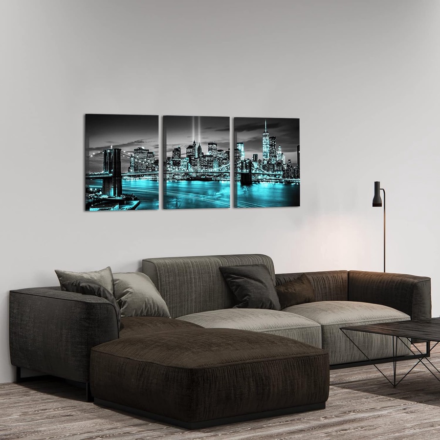Conipit New York Brooklyn Bridge Canvas Wall Art Black and White City Pictures Teal Skyline Artwork Modern Night View Painting for Home Living Room Bedroom Office Decor 12x16 Inch (Teal, Small)