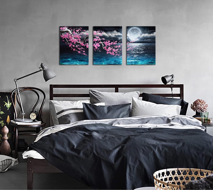 Canvas Art Wall Decor Framed Wall Art Plum Blossom Moon Ocean Art Prints Wall Decor for Bedroom Modern Wall Pictures for Bathroom 3 Pieces Wall Decorations for Home Kitchen Size 12x16 Each Panel