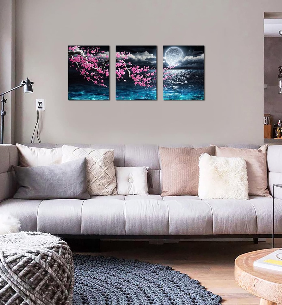 Canvas Art Wall Decor Framed Wall Art Plum Blossom Moon Ocean Art Prints Wall Decor for Bedroom Modern Wall Pictures for Bathroom 3 Pieces Wall Decorations for Home Kitchen Size 12x16 Each Panel