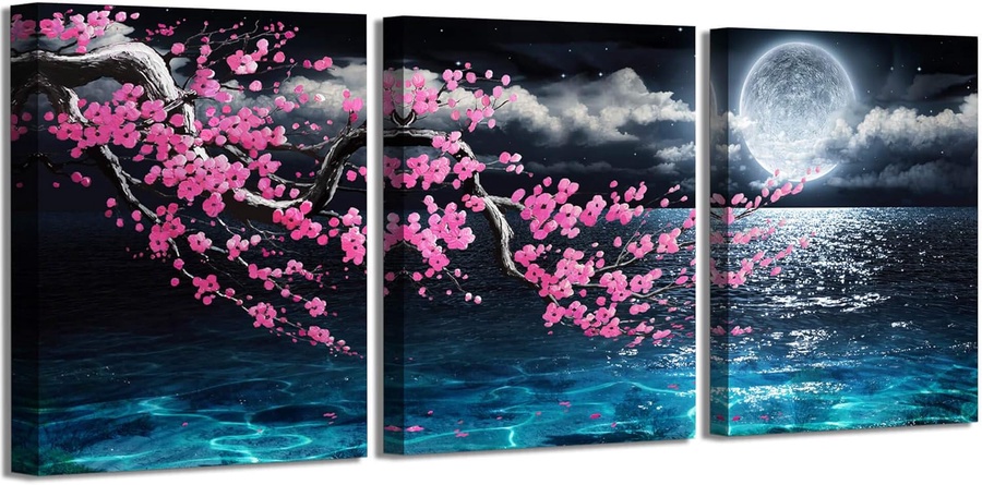 Canvas Art Wall Decor Framed Wall Art Plum Blossom Moon Ocean Art Prints Wall Decor for Bedroom Modern Wall Pictures for Bathroom 3 Pieces Wall Decorations for Home Kitchen Size 12x16 Each Panel