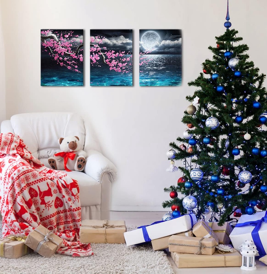 Canvas Art Wall Decor Framed Wall Art Plum Blossom Moon Ocean Art Prints Wall Decor for Bedroom Modern Wall Pictures for Bathroom 3 Pieces Wall Decorations for Home Kitchen Size 12x16 Each Panel