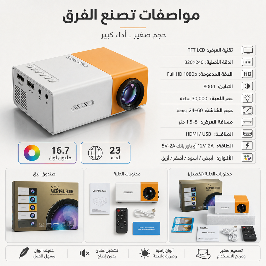 بروجكتر MINI PRO المحمول — حوّل غرفتك إلى سينما منزلية بسهولة وبسعر اقتصادي