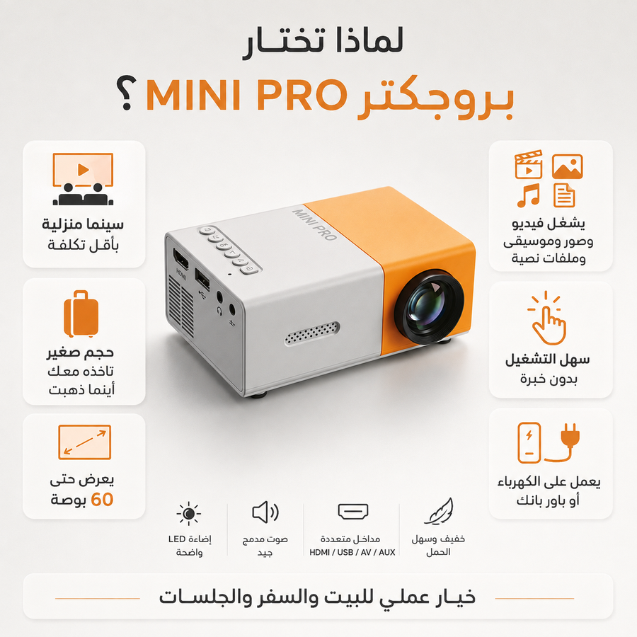 بروجكتر MINI PRO المحمول — حوّل غرفتك إلى سينما منزلية بسهولة وبسعر اقتصادي
