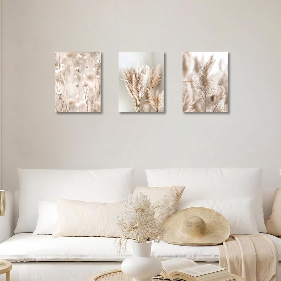 3-Piece Modern Beige Pampas Grass Picture Set, Aesthetic Boho Wall Decor Wall Art with Frame, Modern Picture on Canvas Wall Art Art Print Decor for Living Room, Bedroom, Kitchen, Dining Room 30x40x3