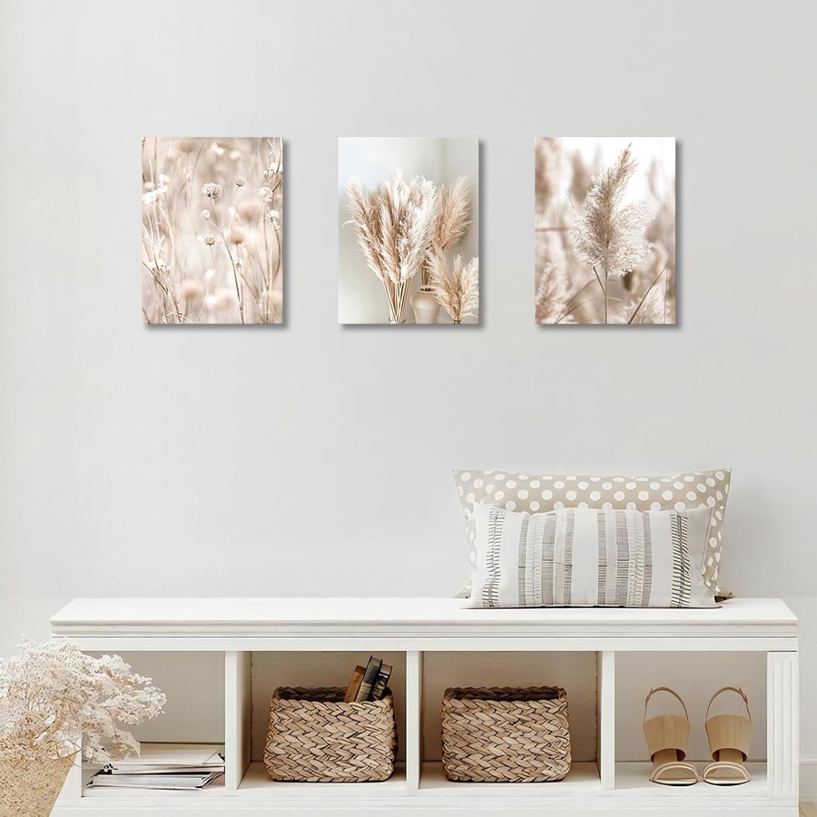 3-Piece Modern Beige Pampas Grass Picture Set, Aesthetic Boho Wall Decor Wall Art with Frame, Modern Picture on Canvas Wall Art Art Print Decor for Living Room, Bedroom, Kitchen, Dining Room 30x40x3